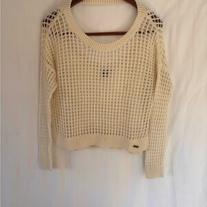 Roxy Women’s IvoryCream Open Knit Crochet Cropped Sweater Y2K Coastal Grandma XS